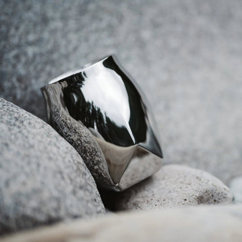 A polished steel tumbler reflecting the outdoor setting on its surface, perfect for whiskey tasting outside.